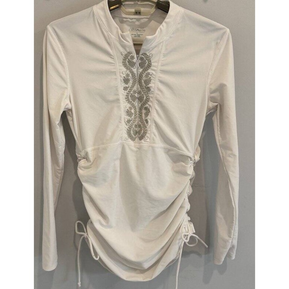 Cabana Life Swimsuit Rash Guard Top Long Sleeve Ruched Sides 1/2 Zip White M